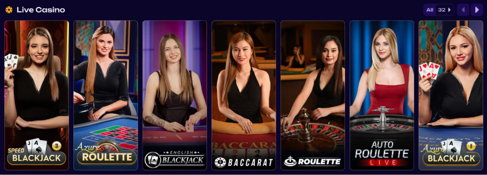 sezione live casino con croupier dal vivo e tavoli di blackjack roulette e baccarat